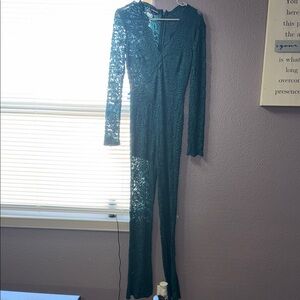 bebe Teal Lace Long-Sleeve Jumpsuit